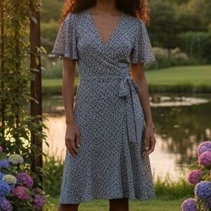 ✨Mi Ami Black White Polka Dot Wrap Midi Dress Flutter Sleeve Tie Waist XL